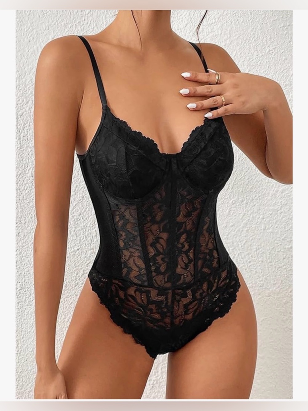 (SOLD) Sexy Sheer Mesh Lace Bodysuit Spaghetti Strap Bustier Corset Tops